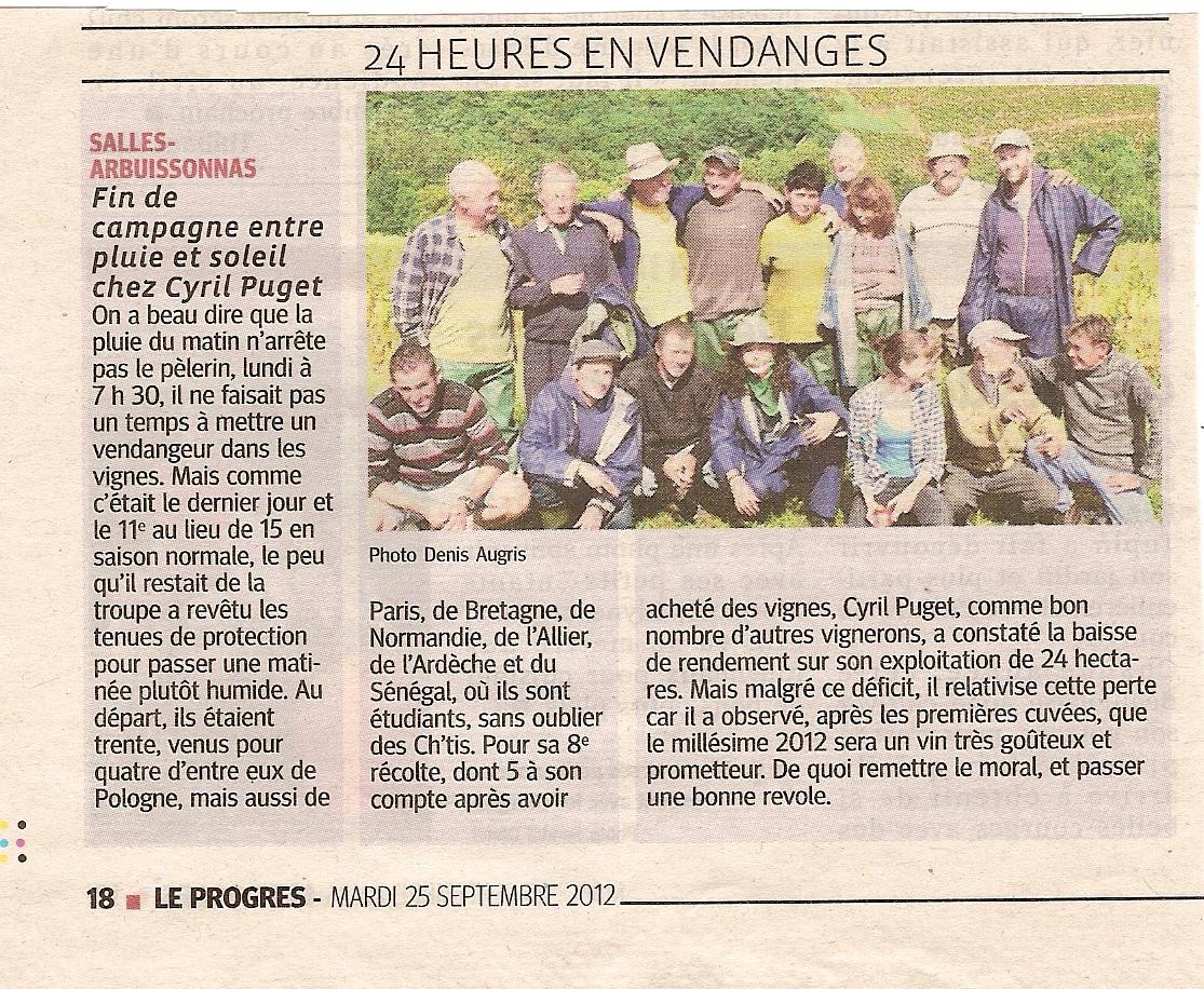 Vendanges 2012 chez Cyril Puget, article du Progrès le Lyon Fin de saison 2012
